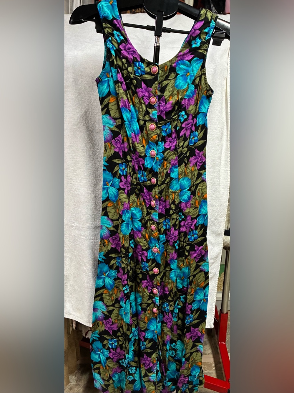Vintage late 80’s early 90’s Floral Button-Front Maxi Dress in Teal & Purple